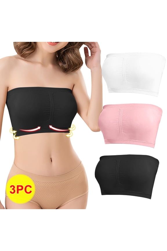 3-Pack Womens Stretch Strapless Bra Invisible Bandeau Bra Plus Size Underwear Comfort Wireless Bra Daily Wear
