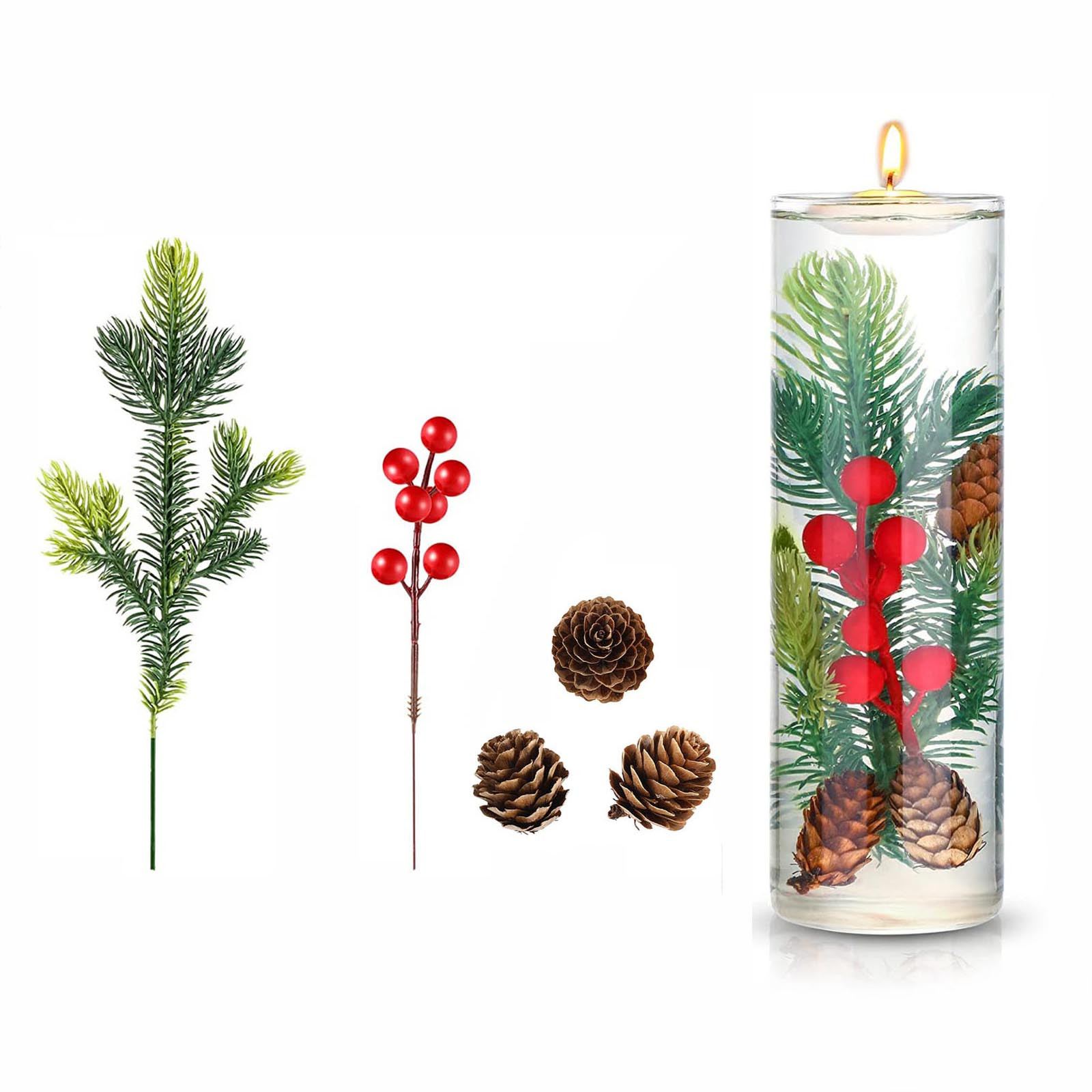 Chgbmok 6 Set Christmas Holly Berries Artificial Pine Cone Picks Crystal Beads Vase Filler with Green Leaves Mini Faux Pine Needles for Table