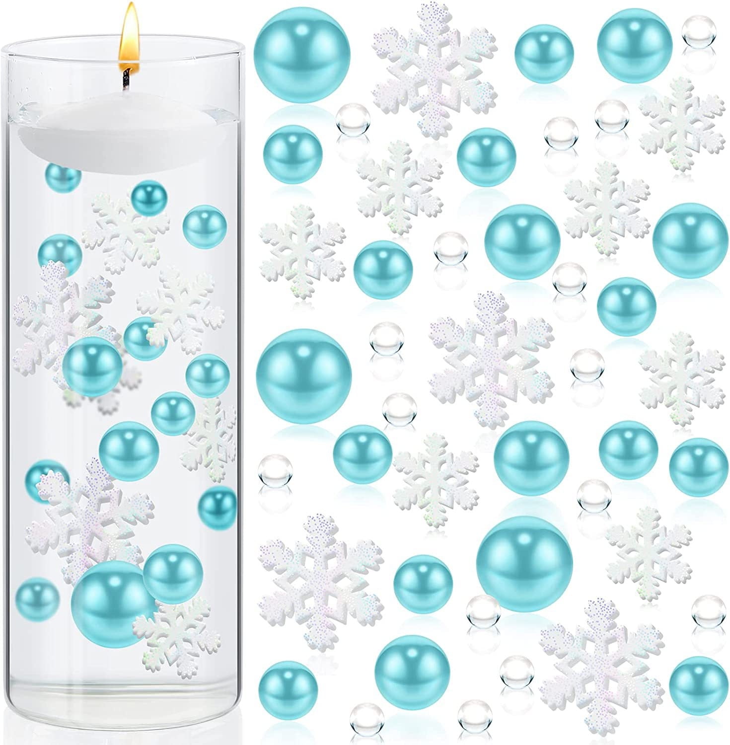 HFYZZ 6106Pcs Christmas Vase Filler Decorations, Blue and White Snowflake  Pearl Beads with Water Gel Jelly Beads Vase Filler Faux Floating Pearls for