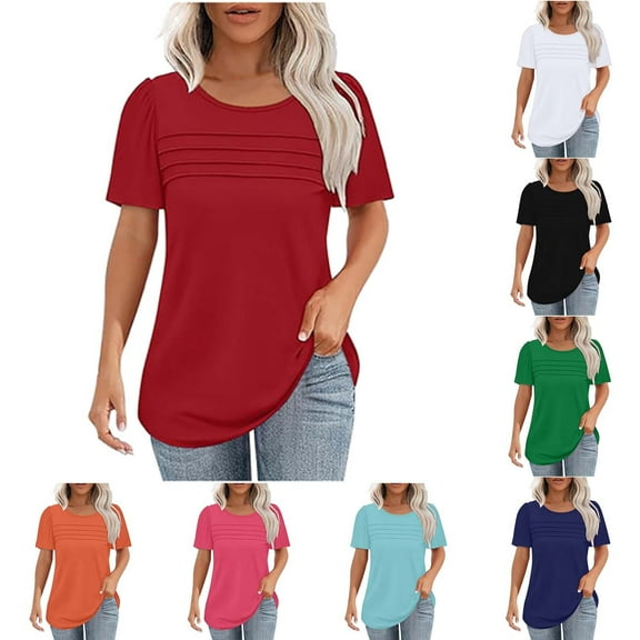CHGBMOK Blouses for Women Dressy Casual Summer Short Sleeve Shirts Loose Crew Neck Pleated Tunic Tops S-2XL