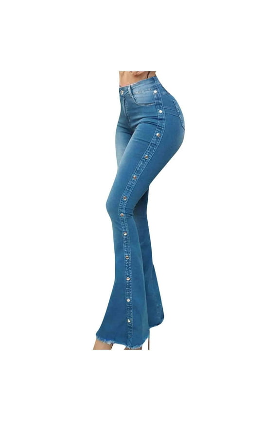 Women's High Waist Stretch Studded Flared Jeans Washed Bell Bottom Fitted Denim Pants
