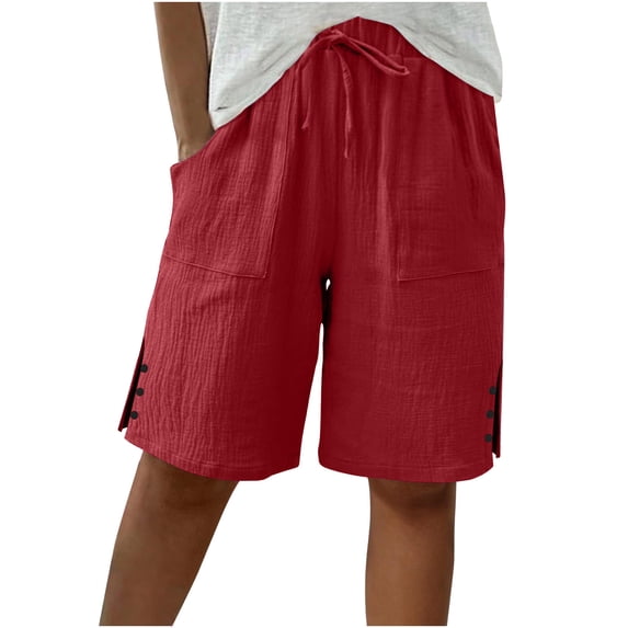 CHGBMOK Capri Pants for Women Solid Loose Capris Summer Drawstring Cotton Linen Knee Length Bermuda Shorts with Pockets