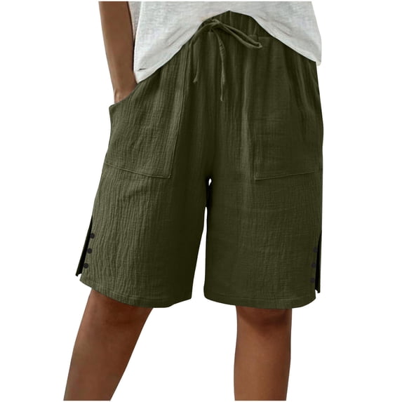CHGBMOK Capri Pants for Women Solid Loose Capris Summer Drawstring Cotton Linen Knee Length Bermuda Shorts with Pockets