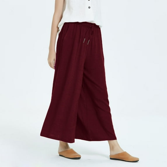 CHGBMOK Capris for Women Casual Summer Cotton Linen Loose Casual Wide Leg Nine-Quarter Pants