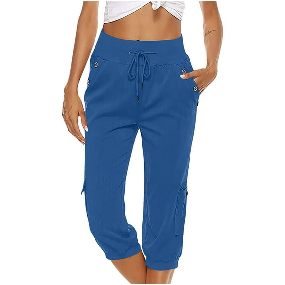 CHGBMOK Capris for Women Casual Summer Elastic Loose Pants Straight Wide Leg Trousers With Pocket