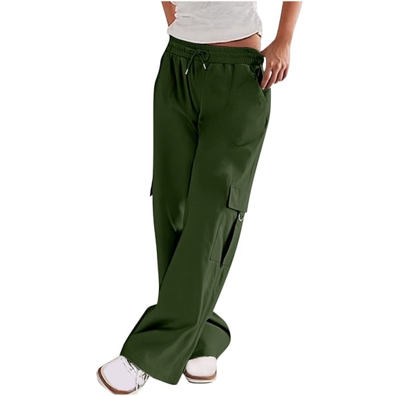 CHGBMOK Cargo Pants for Women with Pockets Drawstring Low Rise Wide Leg Casual Pants Solid Streetwear Baggy Long Trousers