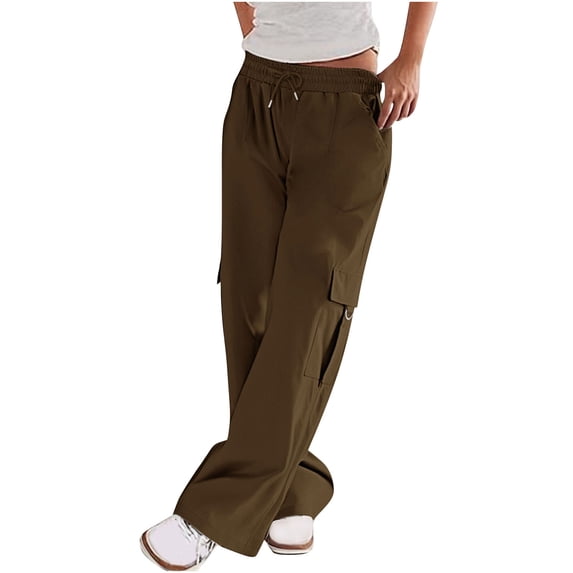 CHGBMOK Cargo Pants for Women with Pockets Drawstring Low Rise Wide Leg Casual Pants Solid Streetwear Baggy Long Trousers