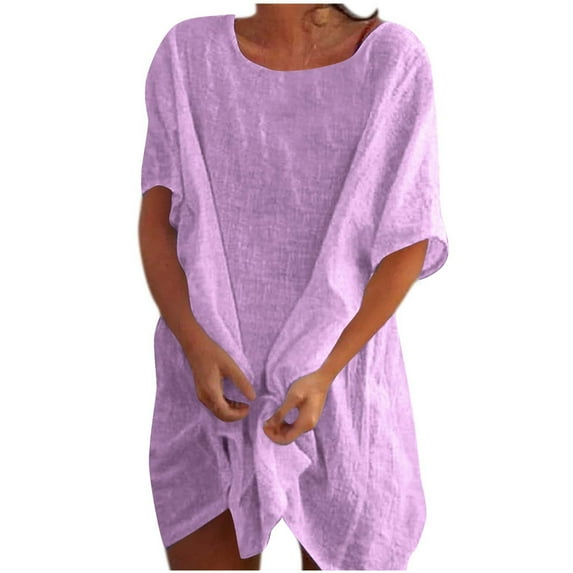 CHGBMOK Casual Dresses for Women Fashion Casual Comfort Solid Color Short Sleeve Round-Neck Dress S-2XL