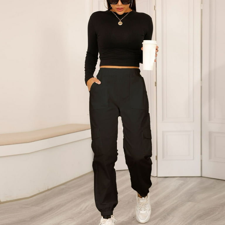 CHGBMOK Clearance Cargo Pants Women Fashion Casual Solid Color Straight-Leg  Slim Pants Overalls With Pocket