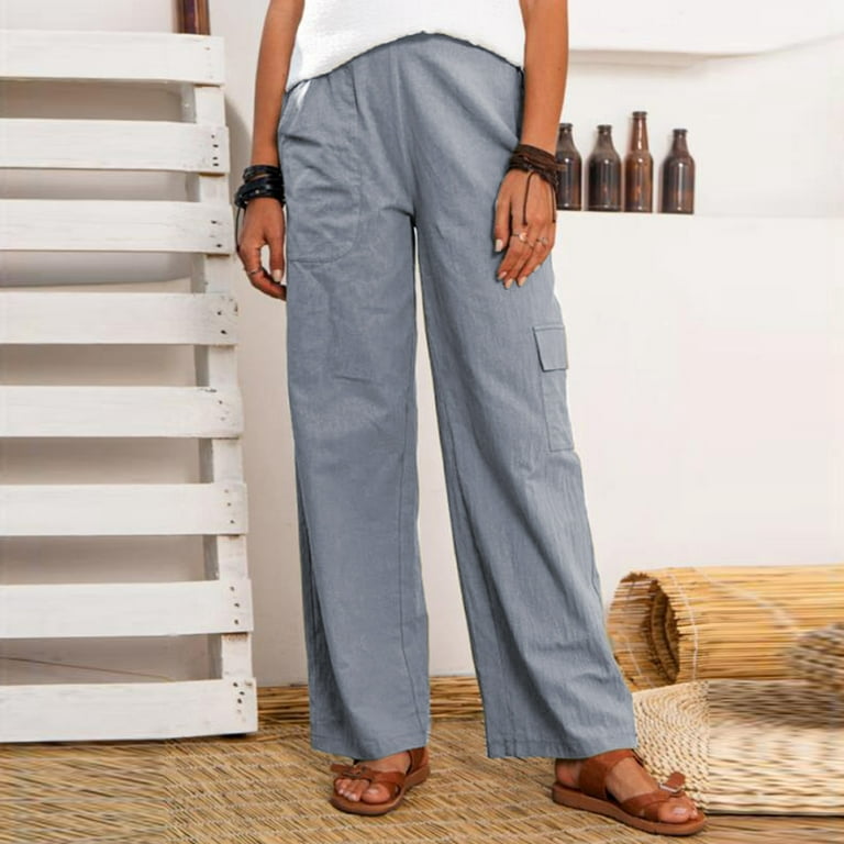 CHGBMOK Clearance Cargo Pants Women Linen Multi-Pockets Solid