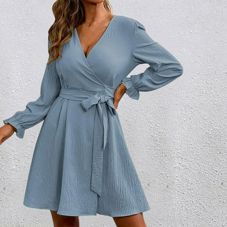 CHGBMOK Clearance Long Sleeve Dress for Women Fashion Leisure Comfortable  Solid Color V-Neck Maxi Dresses