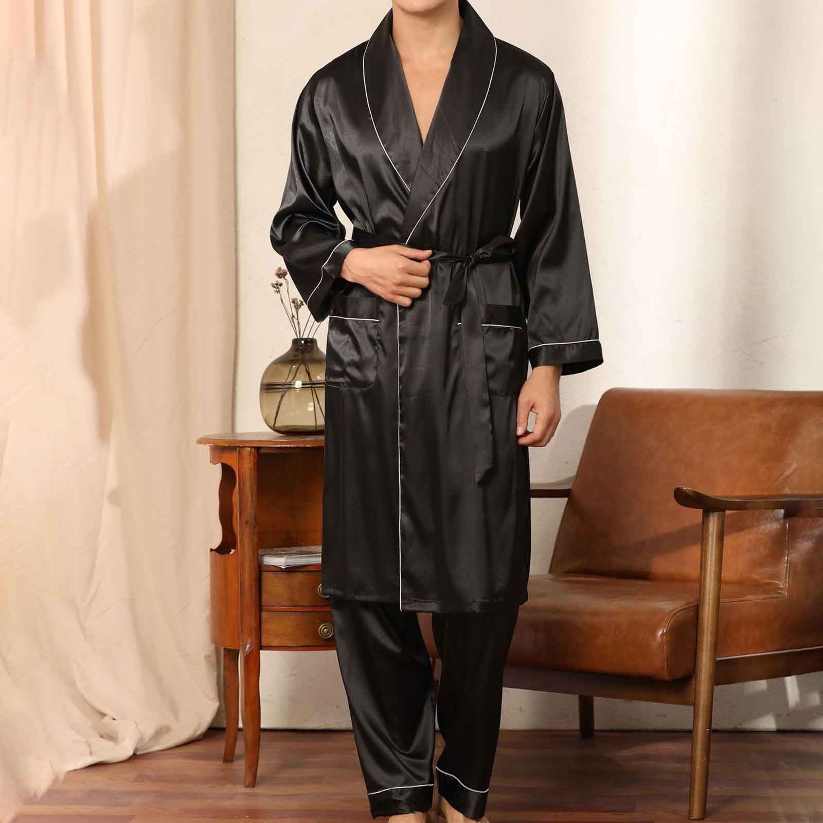 CHGBMOK Clearance Pajamas for Men Lace-Up Silk Bathrobe Pocket Robe  Trousers Two-Piece Set Casual Solid Long Sleeves Home Wear
