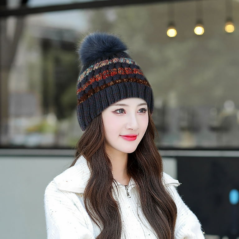 CHGBMOK Clearance Winter Hats for Women Double Layer Plus Fleece Knitted  Ear Protection Warm Hair Ball Wool Hat 
