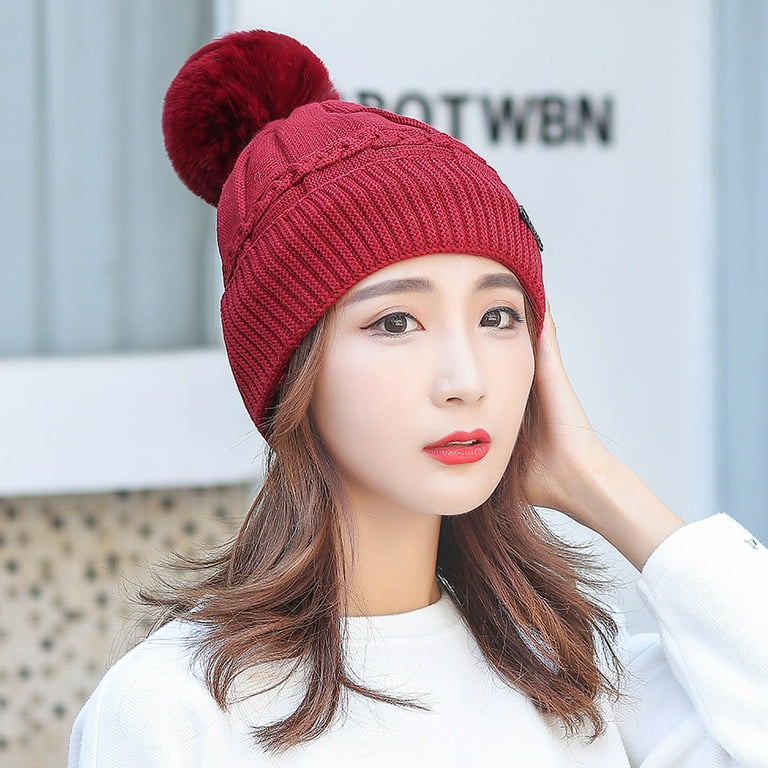 CHGBMOK Clearance Winter Hats for Women Warm Plush Knitted Hat Ski Sport  Cap Solid Color 