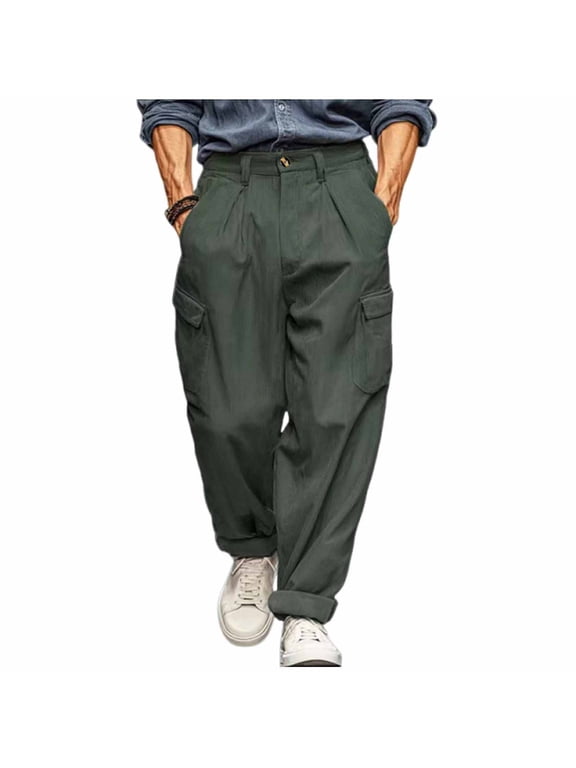 Corduroy Cargo Pants for Men Big & Tall Pleated Cuffed Hem Casual Trousers Loose Fit Solid Color Pants with Pockets