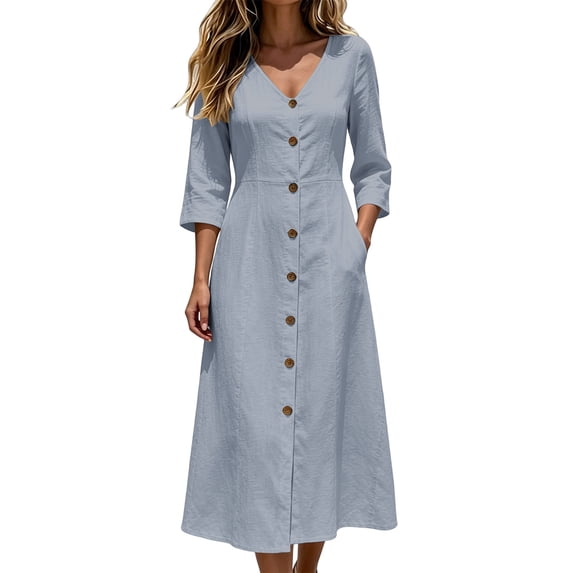 CHGBMOK Cotton Linen Dresses for Women 3/4 Sleeve V Neck Button Down Dress Cinched Waist Flared Fall Maxi Dress