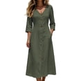 thumbnail image 1 of CHGBMOK Cotton Linen Dresses for Women 3/4 Sleeve V Neck Button Down Dress Cinched Waist Flared Fall Maxi Dress, 1 of 7