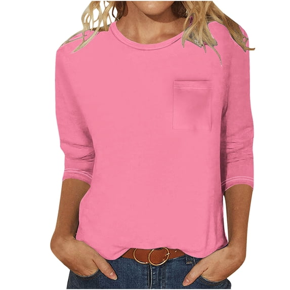 CHGBMOK Crew Neck T Shirts for Women 3/4 Sleeve Blouses Solid Color Casual Dressy Tees Loose Basic Tops