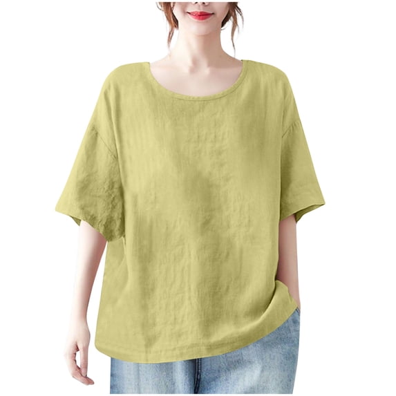 CHGBMOK Crew Neck T Shirts for Women Half Sleeve Blouses Linen Loose Basic Tops Plus Size Casual Dressy Tees