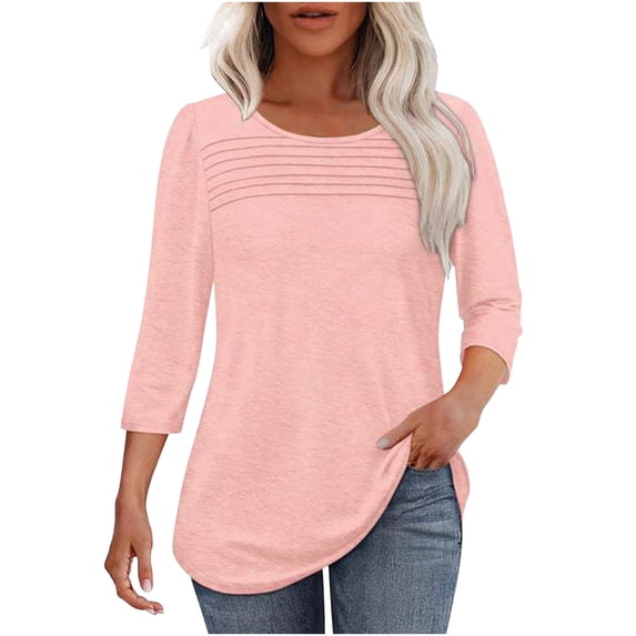 CHGBMOK Crew Neck T Shirts for Women Stripes 3/4 Sleeve Blouses Casual Basic Tee Loose Fit Tunic Going Out Top