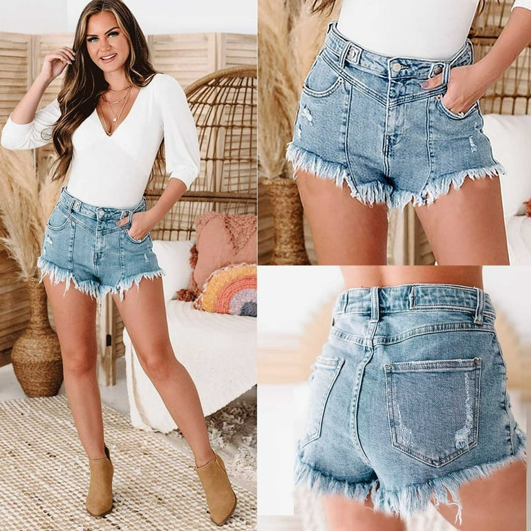 CHGBMOK Denim Shorts Women Fashion Casual Solid Jeans Pocket Pants Hole Shorts  Jeans Summer Clearance 