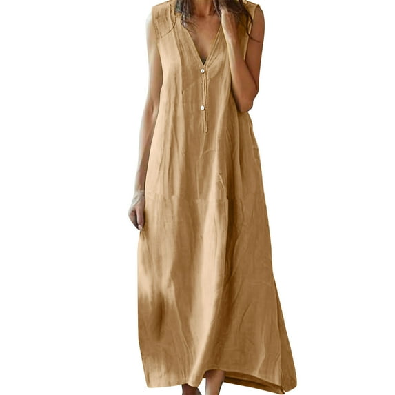 CHGBMOK Women Linen Dress Button V Neck Sleeveless Elegant Loose Dresses Maxi Dress Casual Summer Long Dress