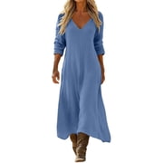 CHGBMOK Dresses for Women Casual 3/4 Length Sleeve Maxi Dress V Neck Beach Vacation Dress
