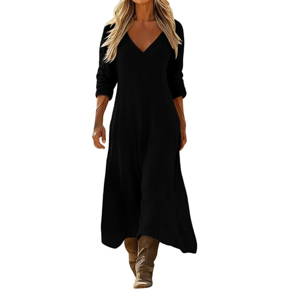 CHGBMOK Dresses for Women Casual 3/4 Length Sleeve Maxi Dress V Neck Beach Vacation Dress