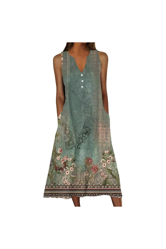 Dresses for Women Casual Summer Boho Beach Dress Loose V Neck Sleeveless Sundresses Swimsuit Cover up with Pockets
