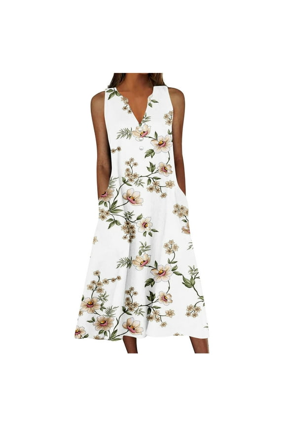 Dresses for Women Casual Summer Boho Beach Dress Loose V Neck Sleeveless Sundresses Swimsuit Cover up with Pockets