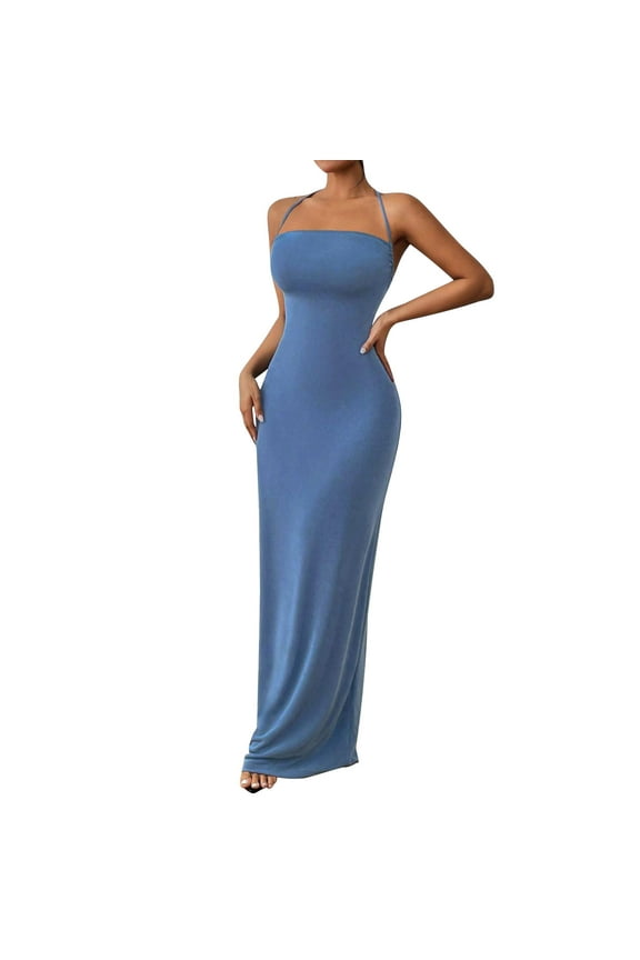 CHGBMOK Dresses for Women Solid Color Knitted Lace Up Backless Camisole Dress Sizes S-2XL