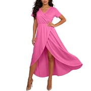 CHGBMOK Dresses for Women Solid Front Cross Casual Dress V Neck Short Sleeve Long Dresses High Waist Slim Flowy Side Split Dress