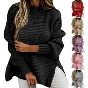 ZKCCNUK CHGBMOK Fall Sweaters Women Solid Color Long Sleeve O Neck Pullover Sweater Tops Black