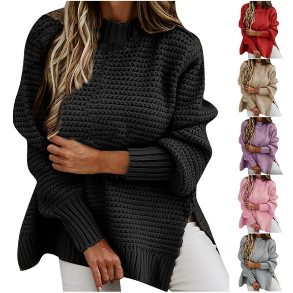 CHGBMOK Fall Sweaters Women Solid Color Long Sleeve O Neck Pullover Sweater Tops Black