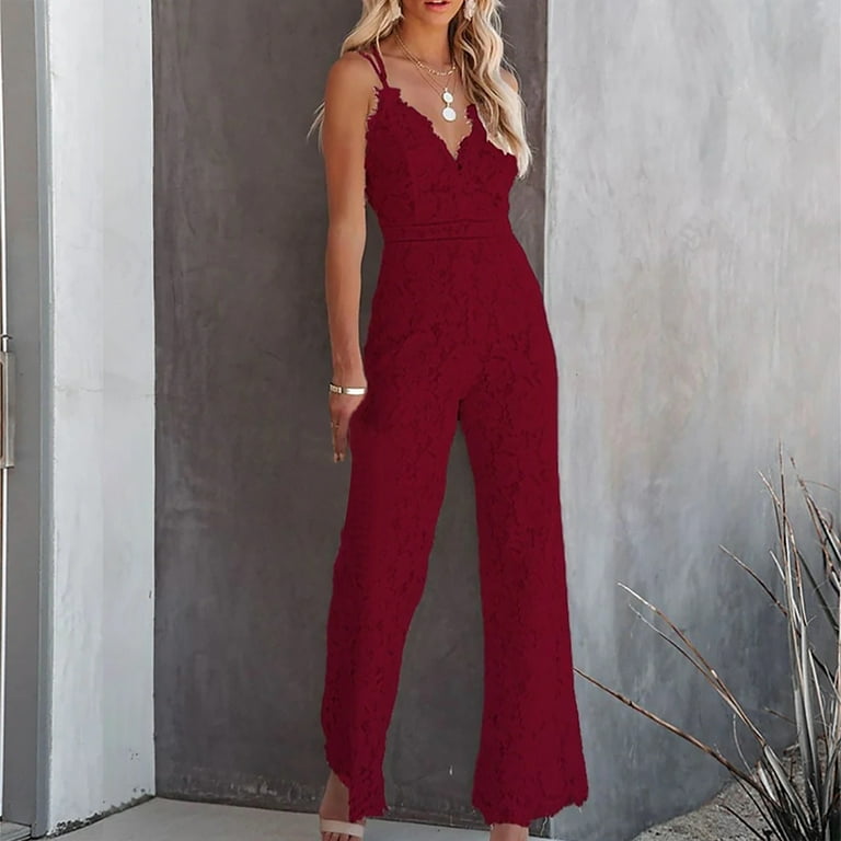 CHGBMOK Fashion Jumpsuits for Women Summer Casual Sexy Sleeveless Solid  Color Bandage Wide Leg Pants Jumpsuits 