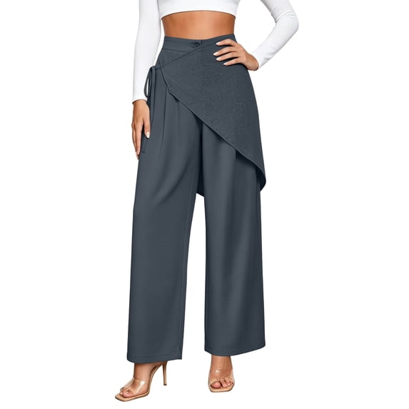 CHGBMOK Flowy Pants for Women Wrap Front High Waisted Wide Leg Pants Baggy Palazzo Trousers Summer Lounge Trousers