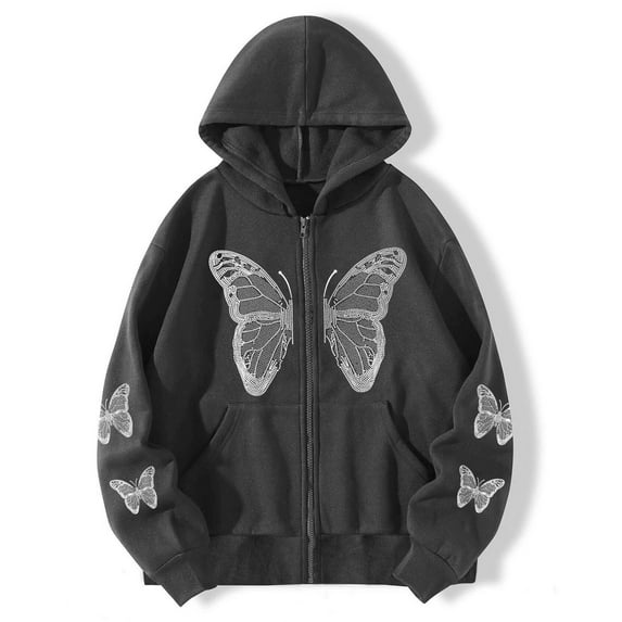 CHGBMOK Women's Zipper up Hoodie Gothic Butterfly Printing Hooded Sweatshirts Y2K Retro -Graphic Jacket Outwear