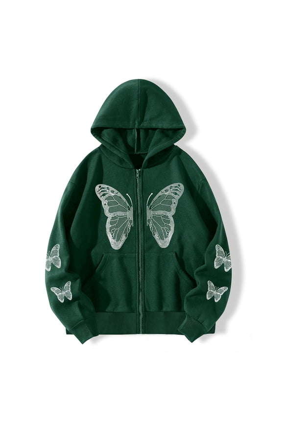 Women's Zipper up Hoodie Gothic Butterfly Printing Hooded Sweatshirts Y2K Retro -Graphic Jacket Outwear