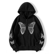 CHGBMOK Womens Zipper up Hoodie Gothic Butterfly Printing Hooded Sweatshirts Y2K Retro -Graphic Jacket Outwear