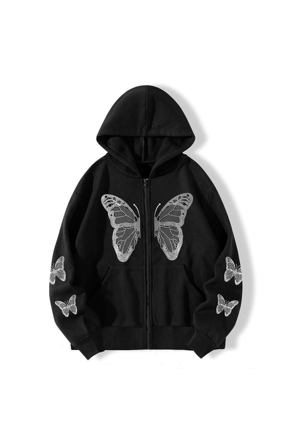 Women's Zipper up Hoodie Gothic Butterfly Printing Hooded Sweatshirts Y2K Retro -Graphic Jacket Outwear