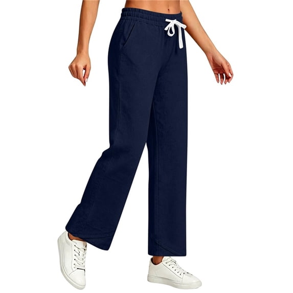 CHGBMOK Linen Pants for Women Drawstring High Waisted Wide Leg Pants Casual Loose Fit Trousers