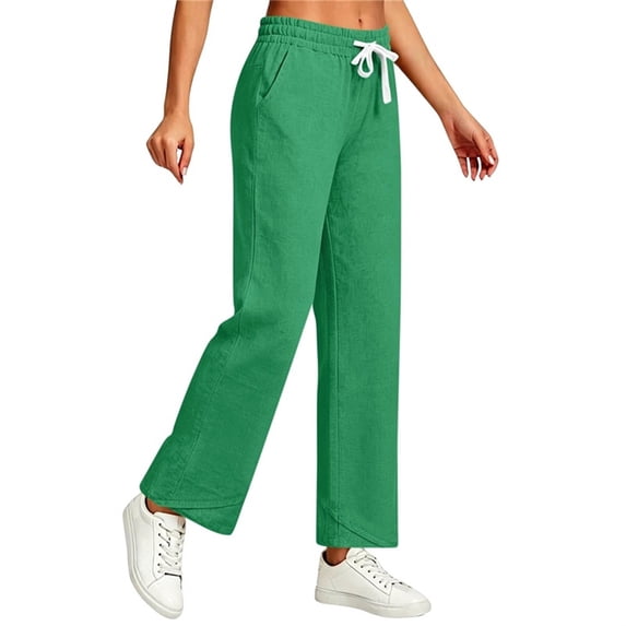 CHGBMOK Linen Pants for Women Drawstring High Waisted Wide Leg Pants Casual Loose Fit Trousers