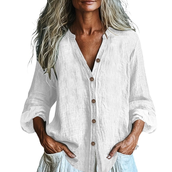 CHGBMOK Linen Tops for Women Casual Button Up V Neck Long Sleeve Gauze Shirt Loose Lightweight Blouses