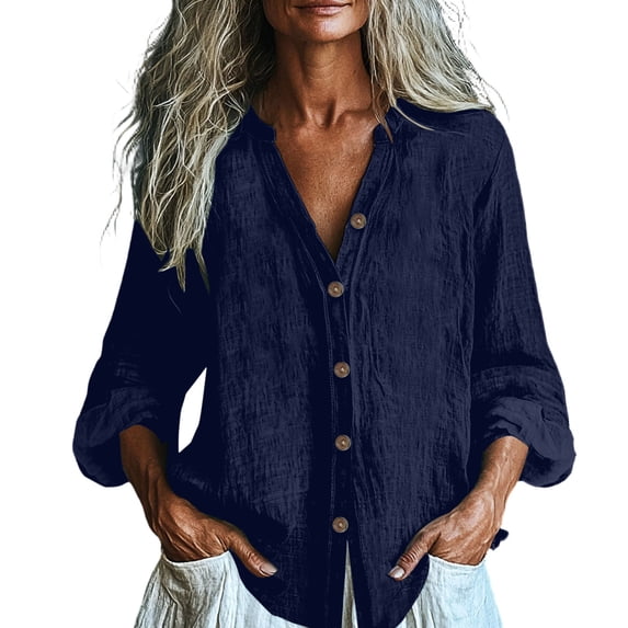 CHGBMOK Linen Tops for Women Casual Button Up V Neck Long Sleeve Gauze Shirt Loose Lightweight Blouses