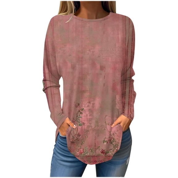 CHGBMOK Long Sleeve Shirts for Women Floral Printed Crew Neck Sweatshirt Casual Loose Blouses