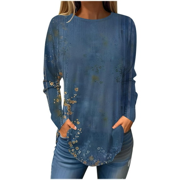 CHGBMOK Long Sleeve Shirts for Women Floral Printed Crew Neck Sweatshirt Casual Loose Blouses