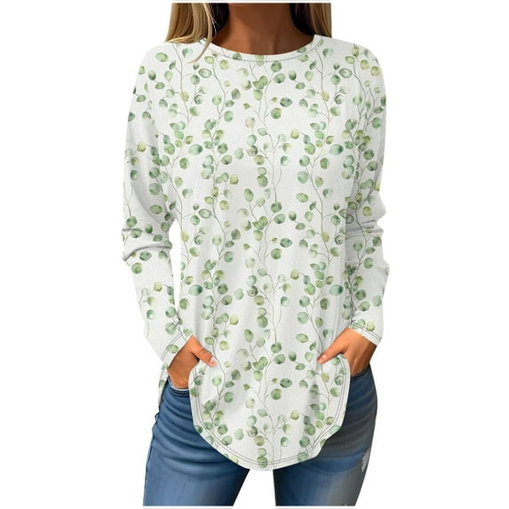 CHGBMOK Long Sleeve Shirts for Women Floral Printed Crew Neck Sweatshirt Casual Loose Blouses