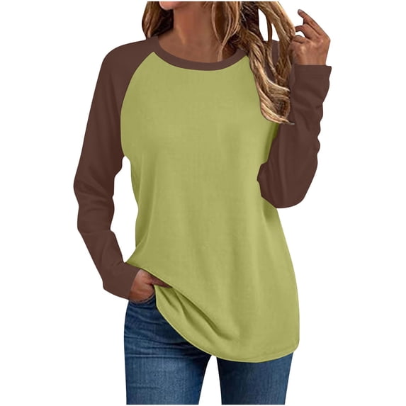 CHGBMOK Long Sleeve Shirts for Women Raglan Color Block Crew Neck Tops Trendy Casual Loose Blouses
