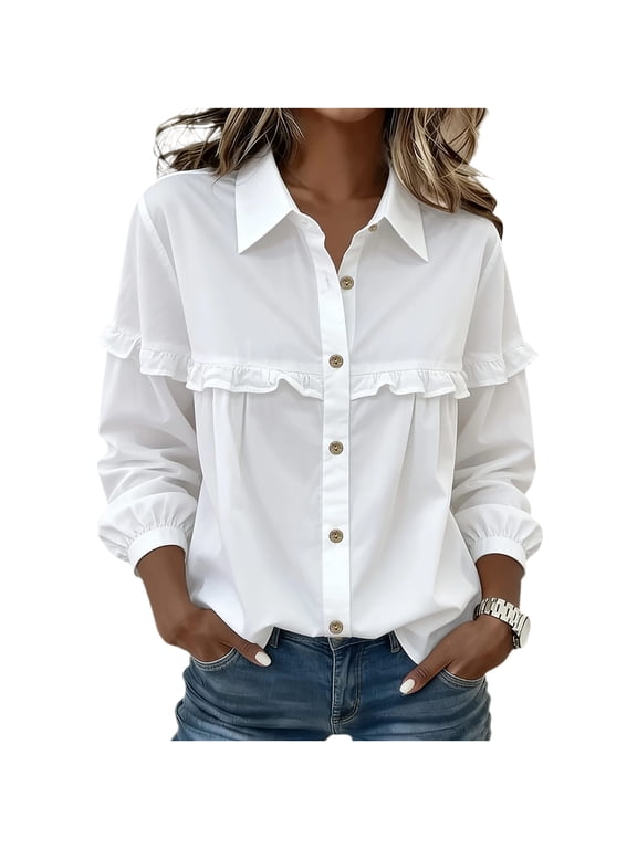 Long Sleeve Shirts for Women Ruffle Trim Button Down Blouse Bubble Cuffs Solid Color Casual Tops