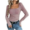thumbnail image 1 of CHGBMOK Long Sleeve Stripes Shirts for Women Slim Fitted Stretch Tees Casual Crew Ceck Basic Layer Blouses, 1 of 8